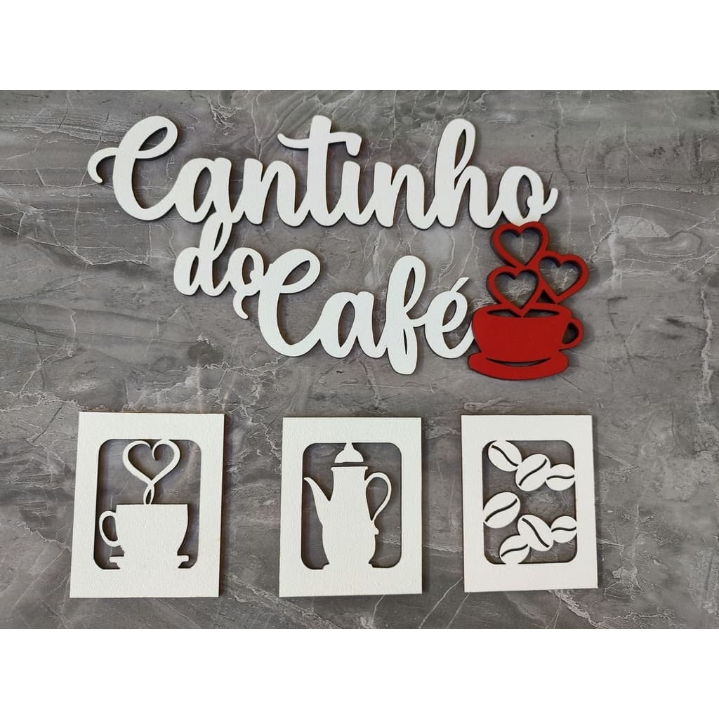 PLACA CANTINHO DO CAFÉ BRANCO COM DETALHE VERMELHO KIT 4 PEÇAS MDF ALTO RELEVO 30CM