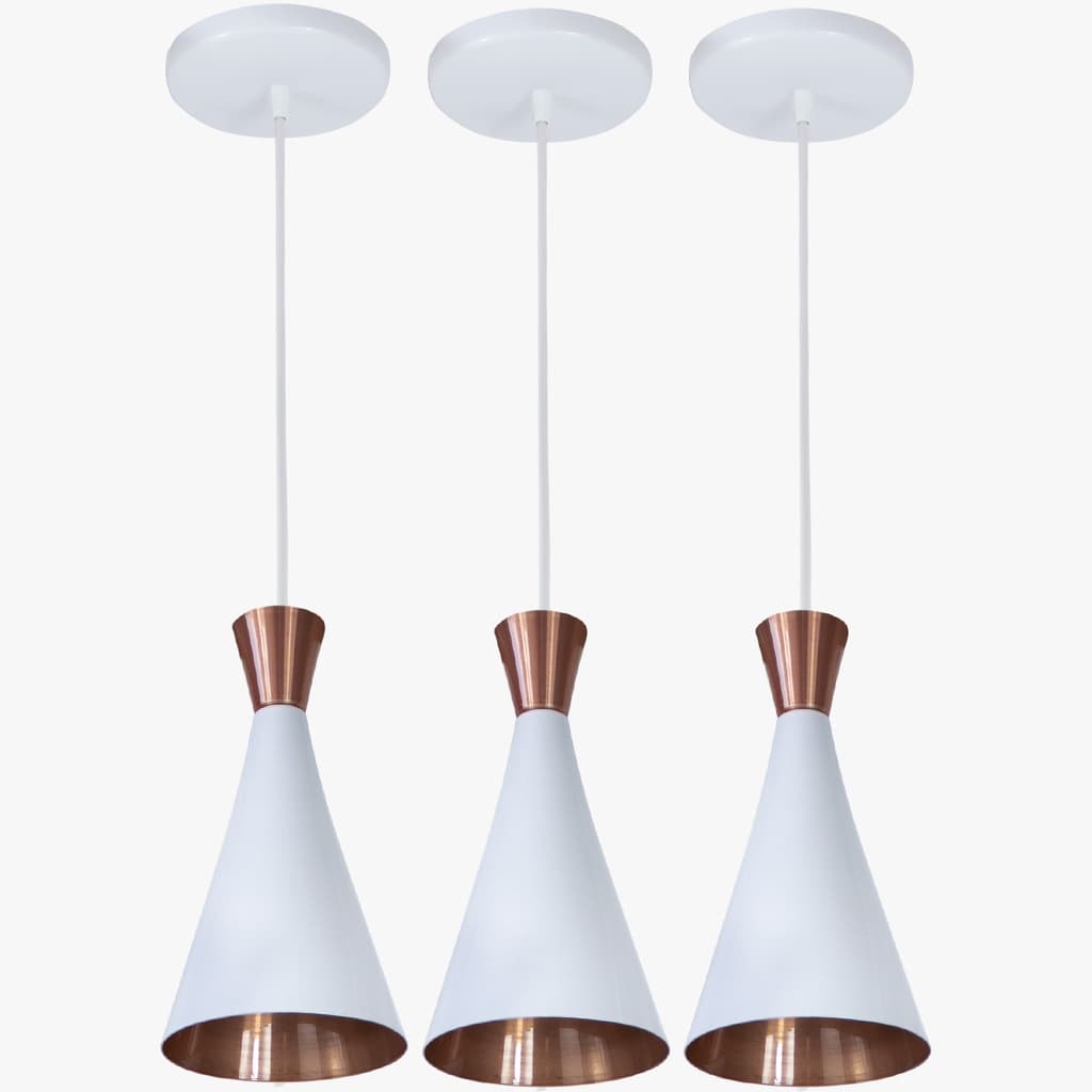 Trio Pendente Cone Branco Com Cobre Bancada Canada Gourmet
