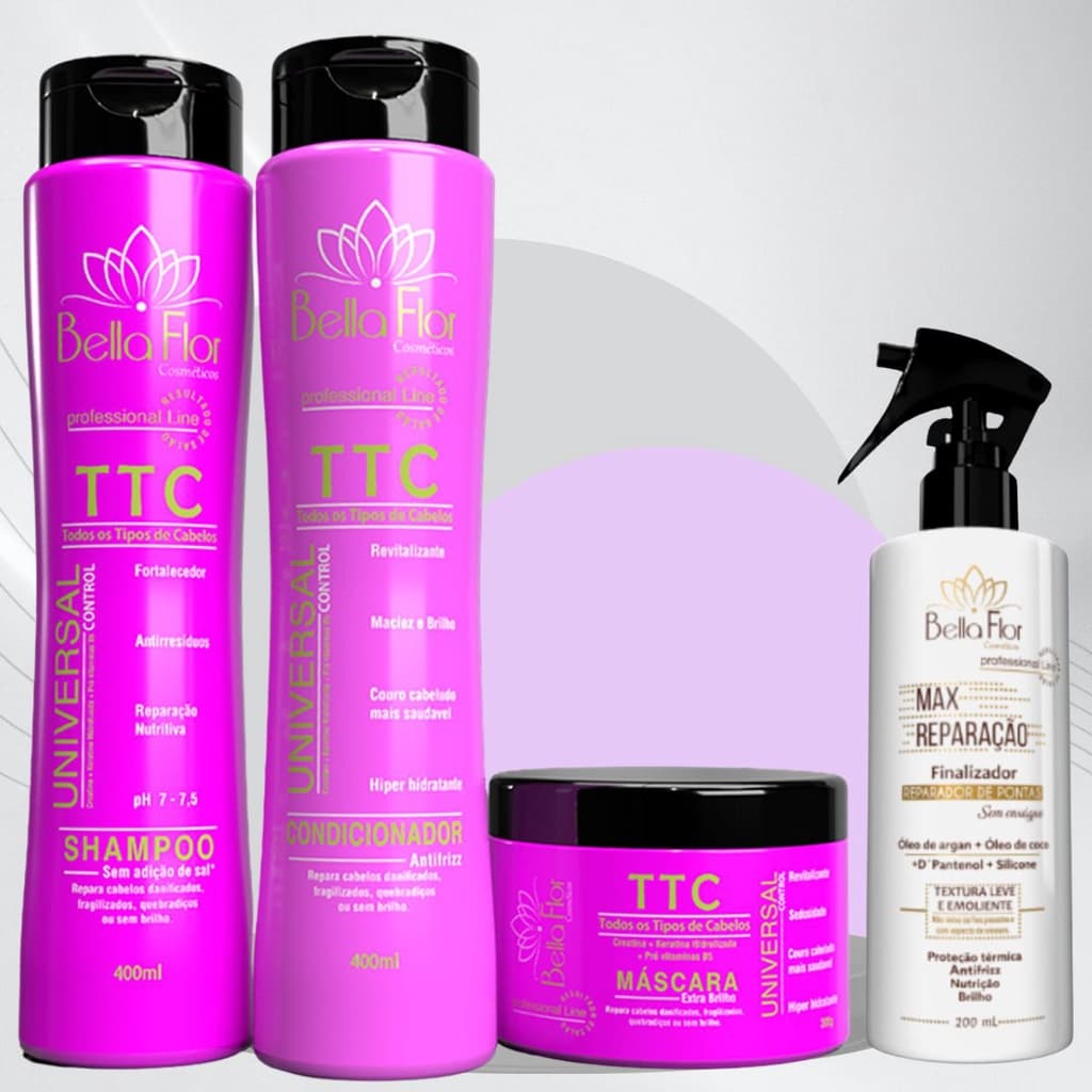 Kit Capilar Todos Tipos de Cabelo + Max Reparação 4 Produtos Bella Flor Hidratação Reparação Profissional