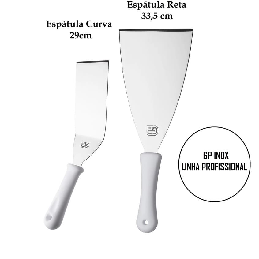 KIT 1 Espátula Reta + 1 Espátula Curva - Aço Inox Para Chapas Profissional - 2 PEÇAS