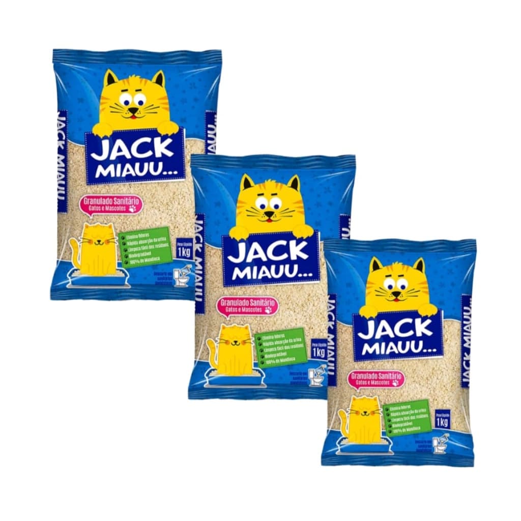 Areia Granulado Sanitário Higiênico Gatos Feito Mandioca 1kg - Jack Miauu Kit 3 Unidades - 1kg