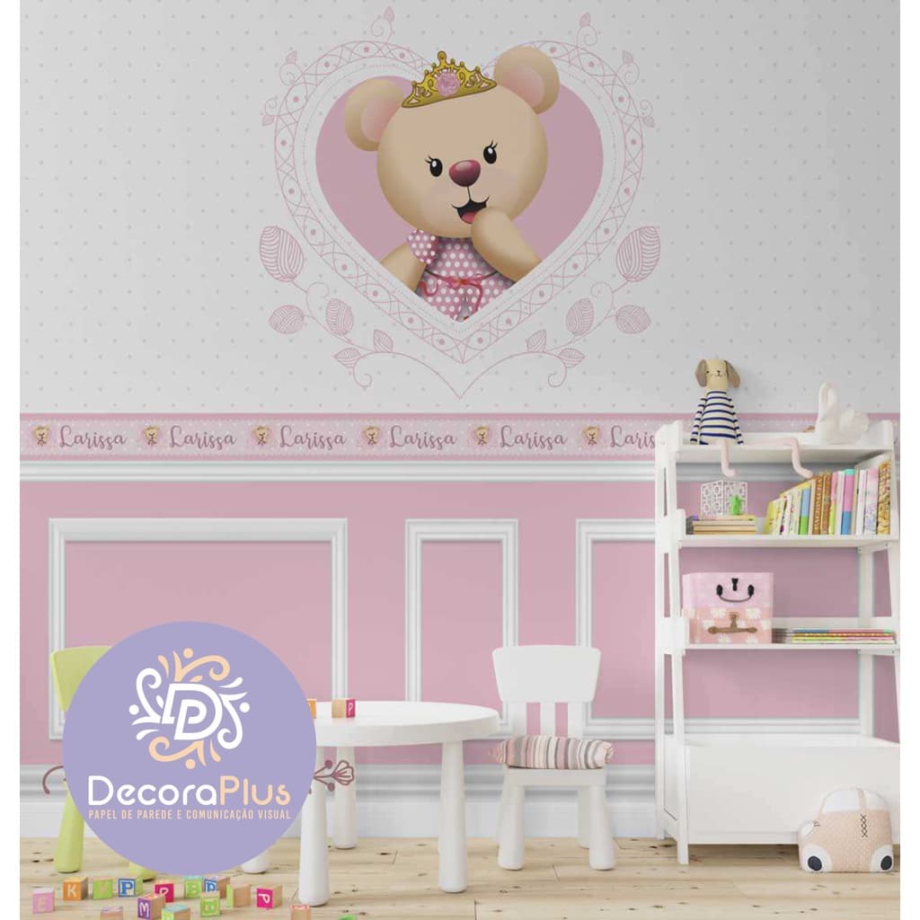 Papel de Parede Foto Mural Adesivo Autocolante Nome Personalizado Infantil Fantasia Ursinho Princesa