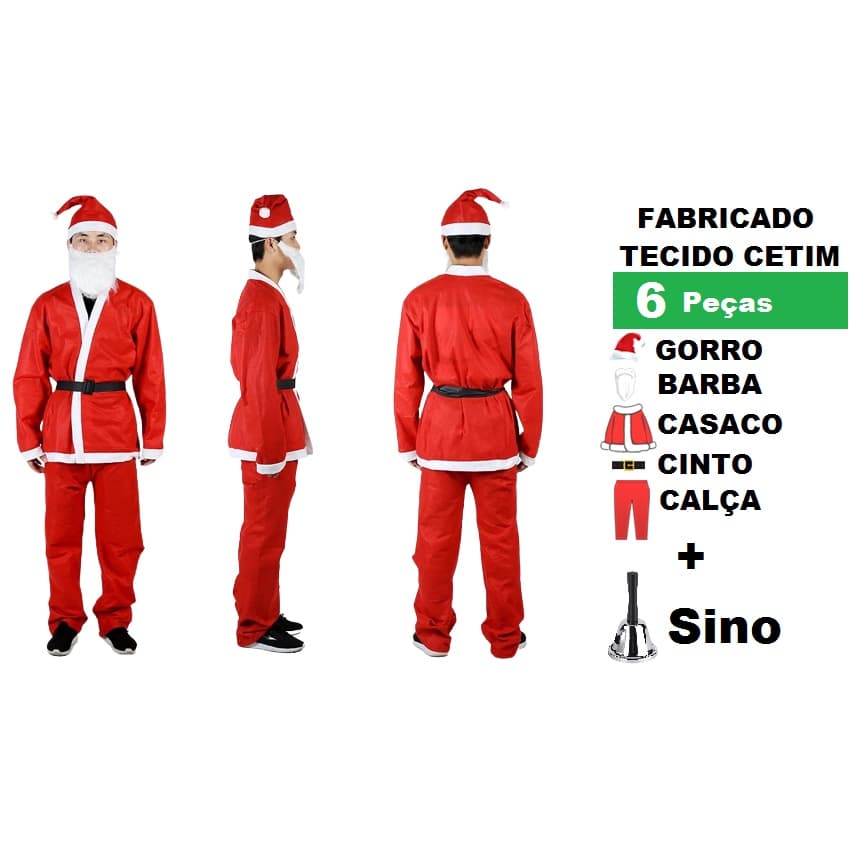 Fantasia Natalina Roupa Papai Noel Natal Tecido Cetim Linha Luxo Com 6 Peças Gorro Barba Casaco Cinto Calça Com Sino