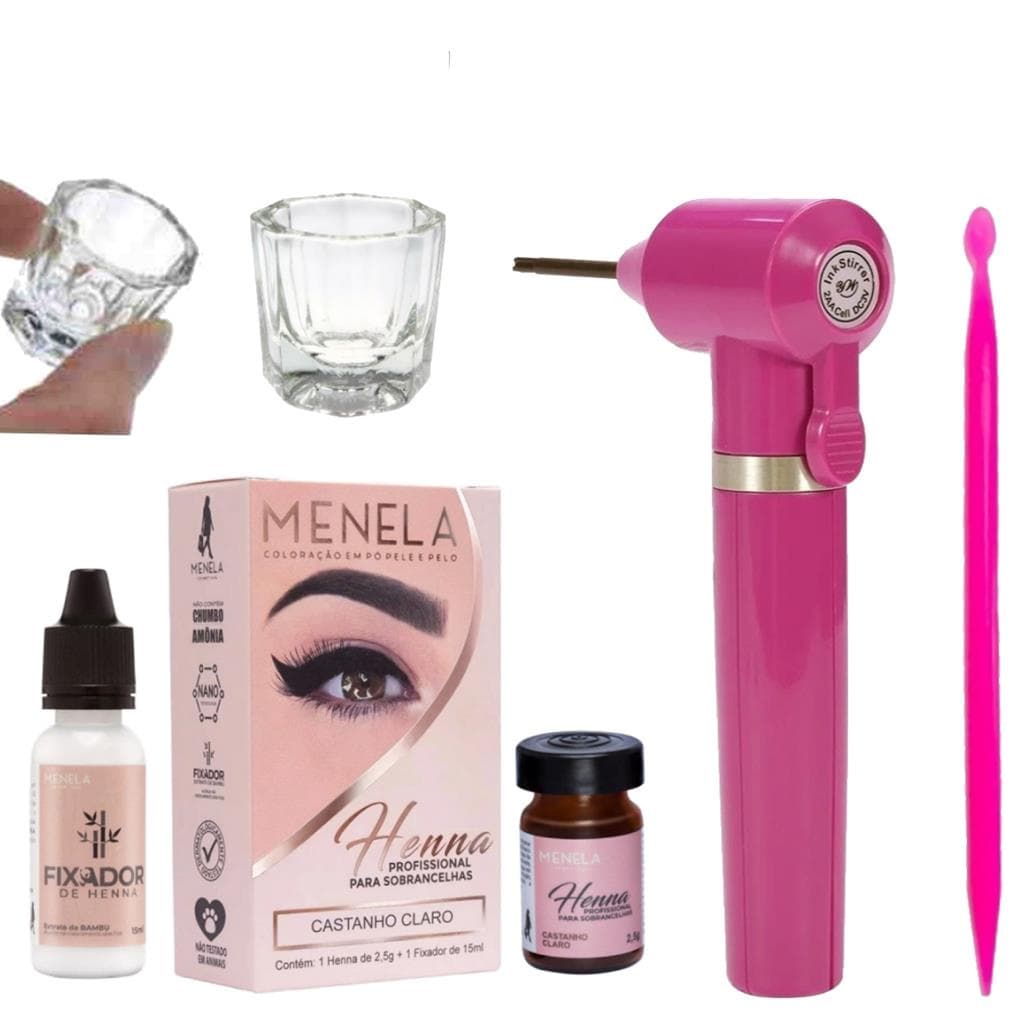 Henna Menela Profissional e Kit Designer Sobrancelhas Mixer Misturador Palito Dosador Dappen