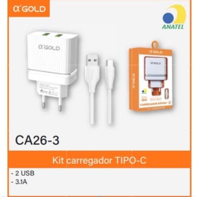 Kit fonte carregador  A'GOLD IPhone /Tipo c/  V8 2usb 3.1A