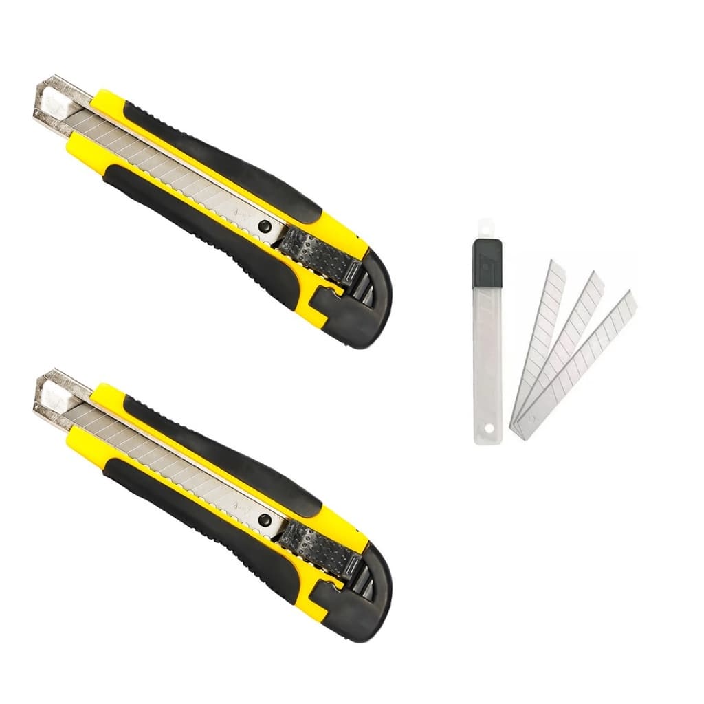 Kit 2 Estilete + Refil 10 Laminas Estiletes PRO Com Trava Anatomico Pegada Emborrachada Resistente Fox Tools