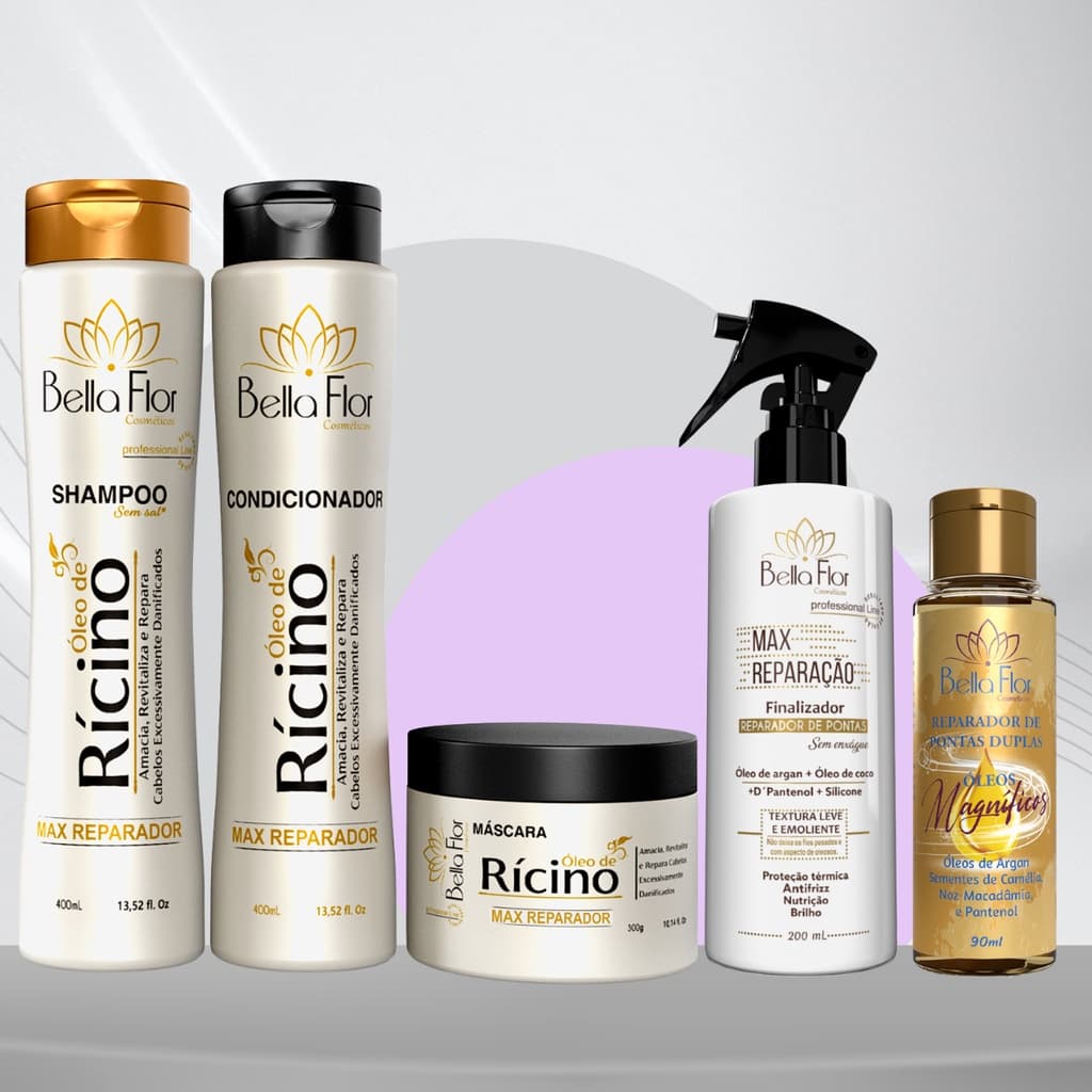 Kit Capilar Rícino + Max Reparação + Reparador de Pontas Duplas 5 Produtos Bella Flor Hidratação Reparação Profissional