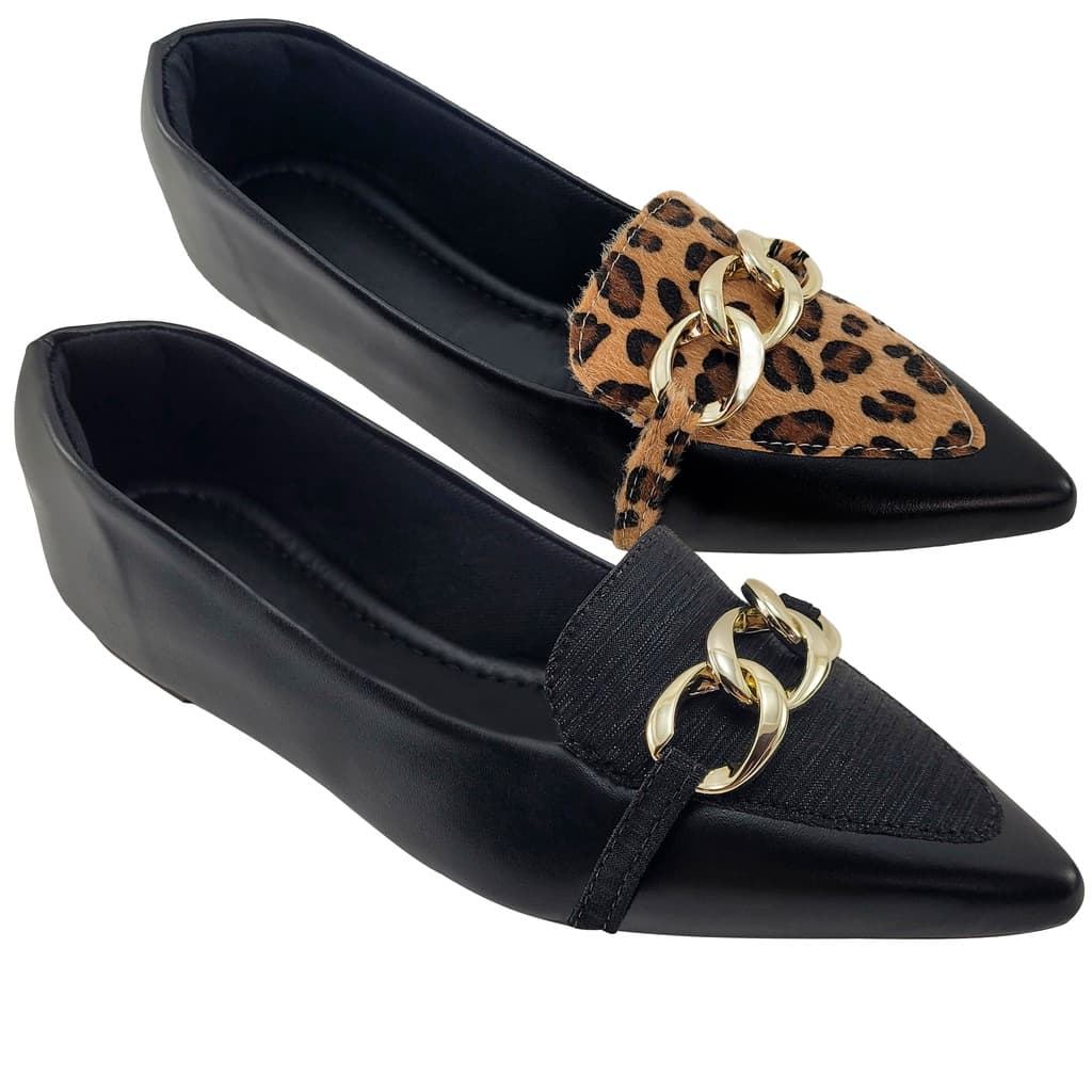 Kit Sapatilha Feminina Bico Fino 2 Pares Preta Mocassim Feminino Confortável Com Corrente Dourada Macia e Casual
