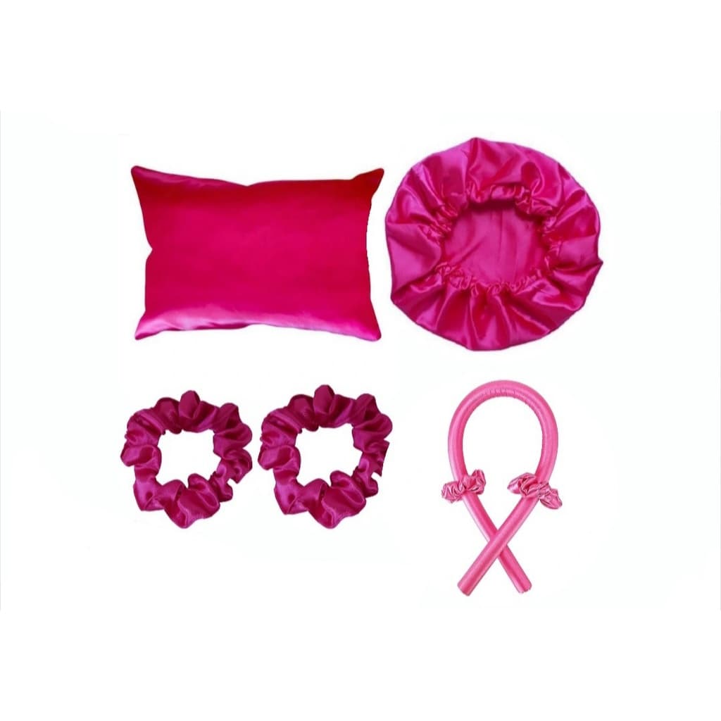 kit 01 Fronha Rosa Cetim Seda + 01 Touca de Cetim Dupla face + 01 Modelador de Cachos + 2 Xuxinhas