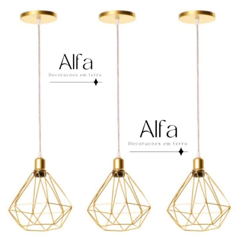 kit 3 Pendente Diamante Aramado Dourado Cabo Cristal