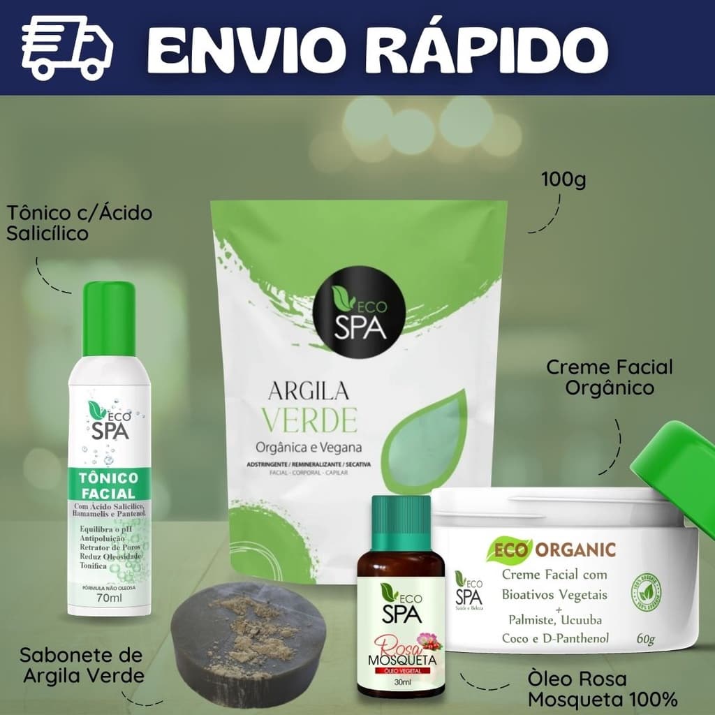 Kit Antiacne Skin Care - Argila Verde + Sabonete Verde + Creme Facial + Rosa Mosqueta + Tônico Salicílico