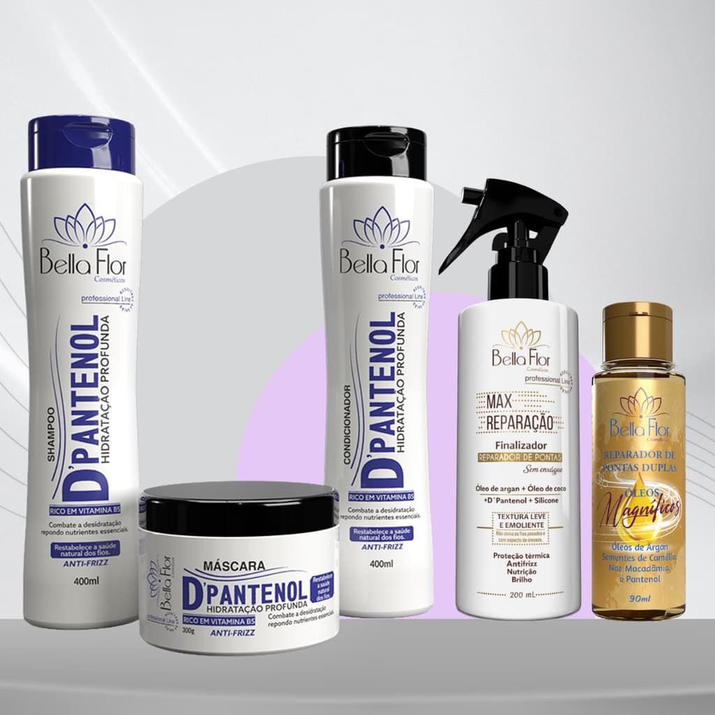 Kit D-Pantenol + Max Reparação + Reparador de Pontas Duplas Bella Flor Hidratação Reparação Profissional