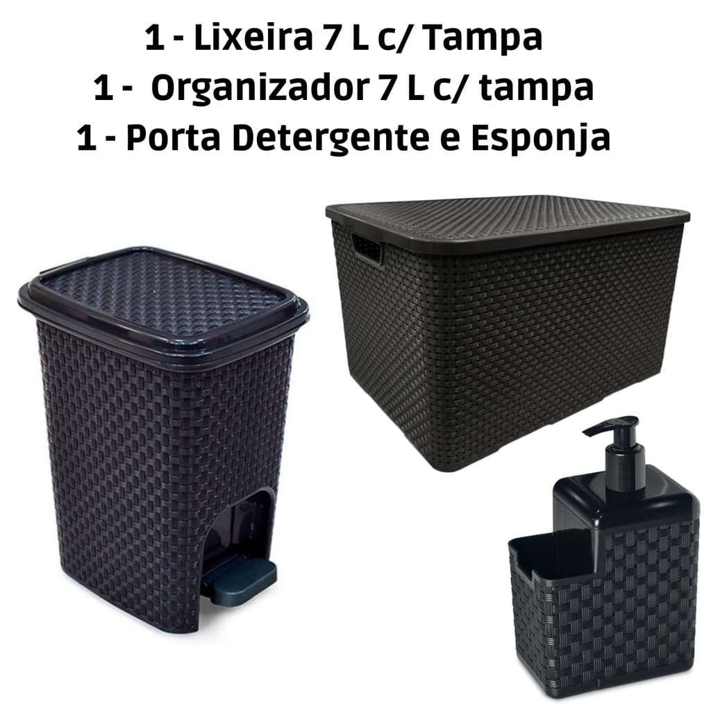Kit Lixeira Cesto 7 Litros Pedal + Caixa Organizadora com tampa 7l + Porta Detergente Sabão Esponja