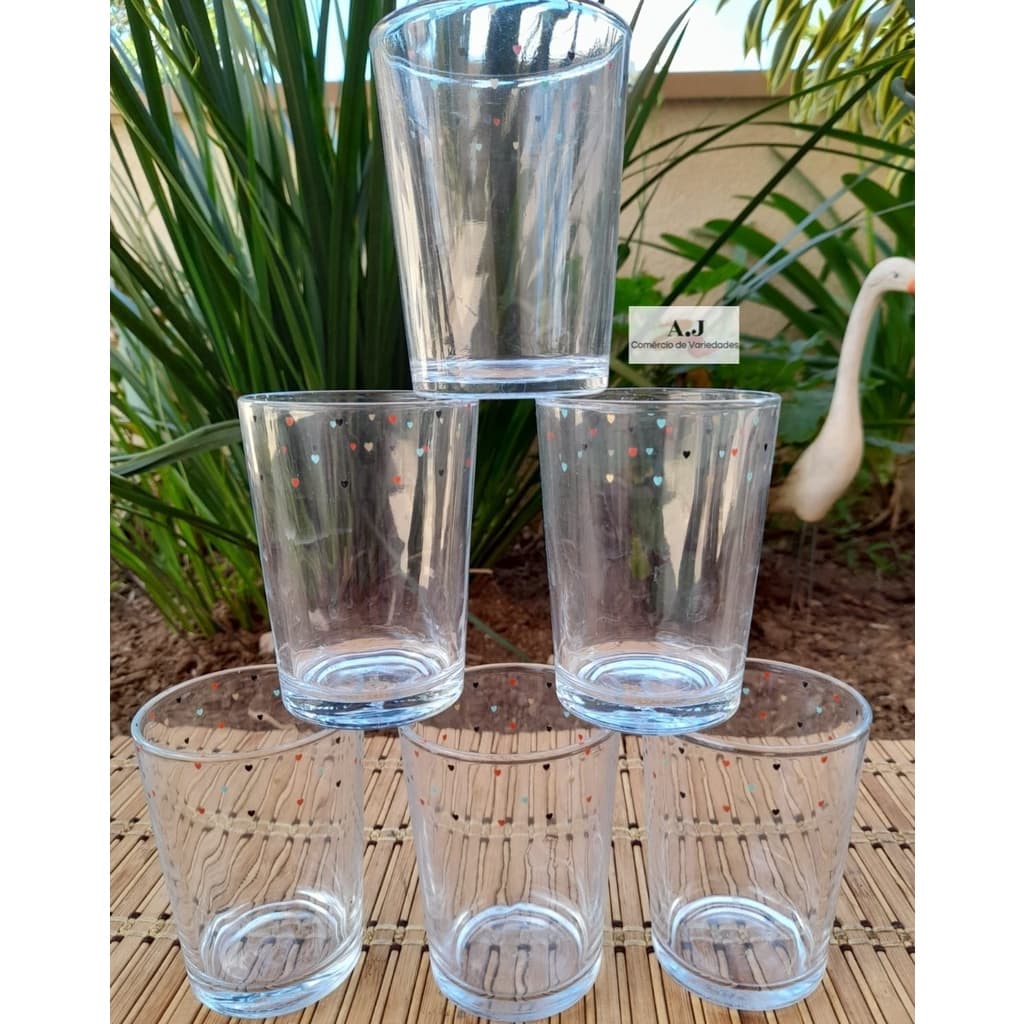 Jogo 6 Copos 230ml em Vidro Decorados Borda