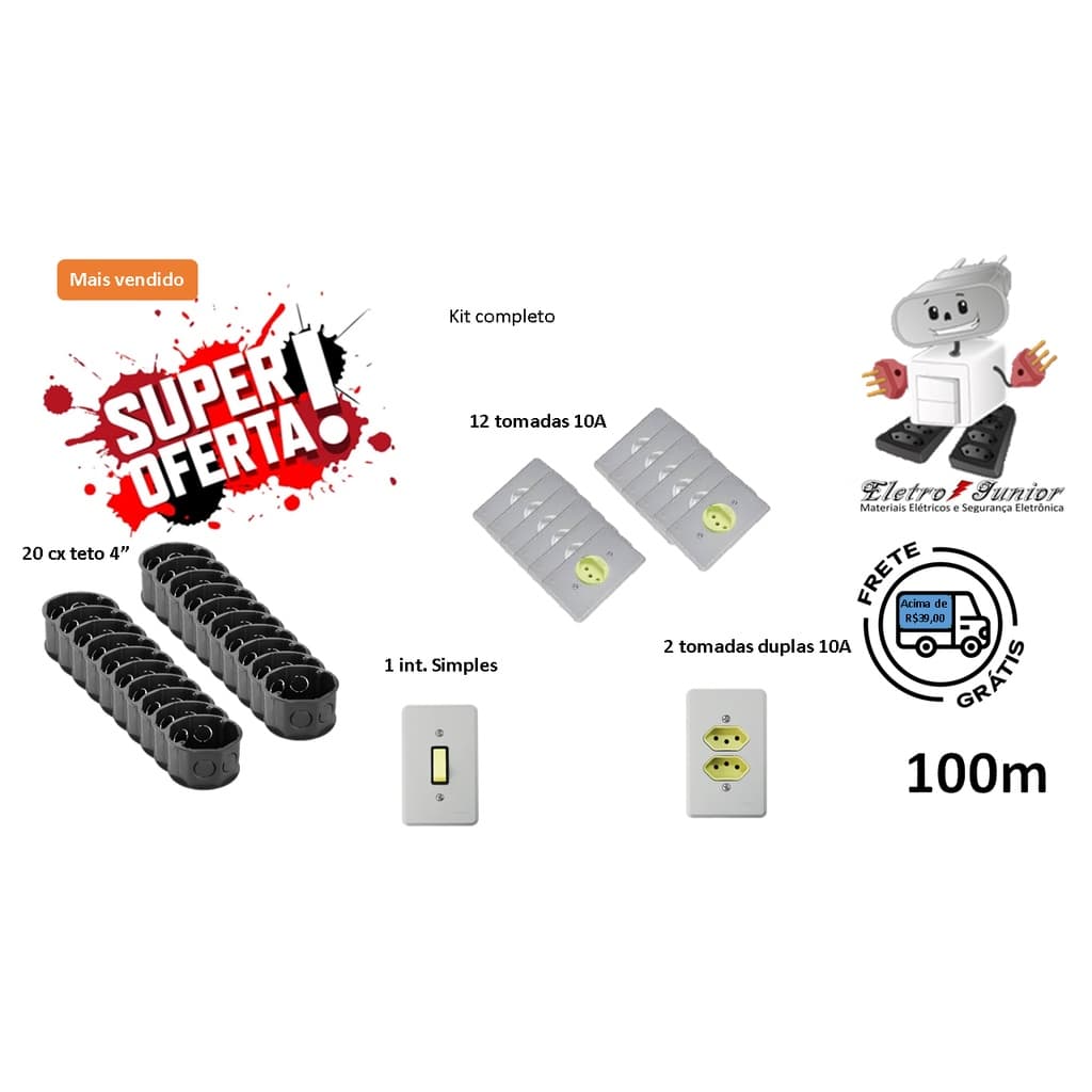 Kit 20 cx luz + 12 tomadas + 1 int. simp. 2 tomadas dup.