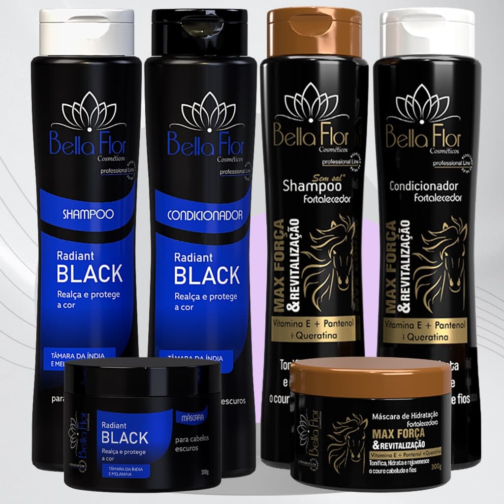 2 Kits Capilares Black e Força 6 Produtos Shampoo Condicionador Máscara Bella Flor Cabelos Escuros Brilho Profissional
