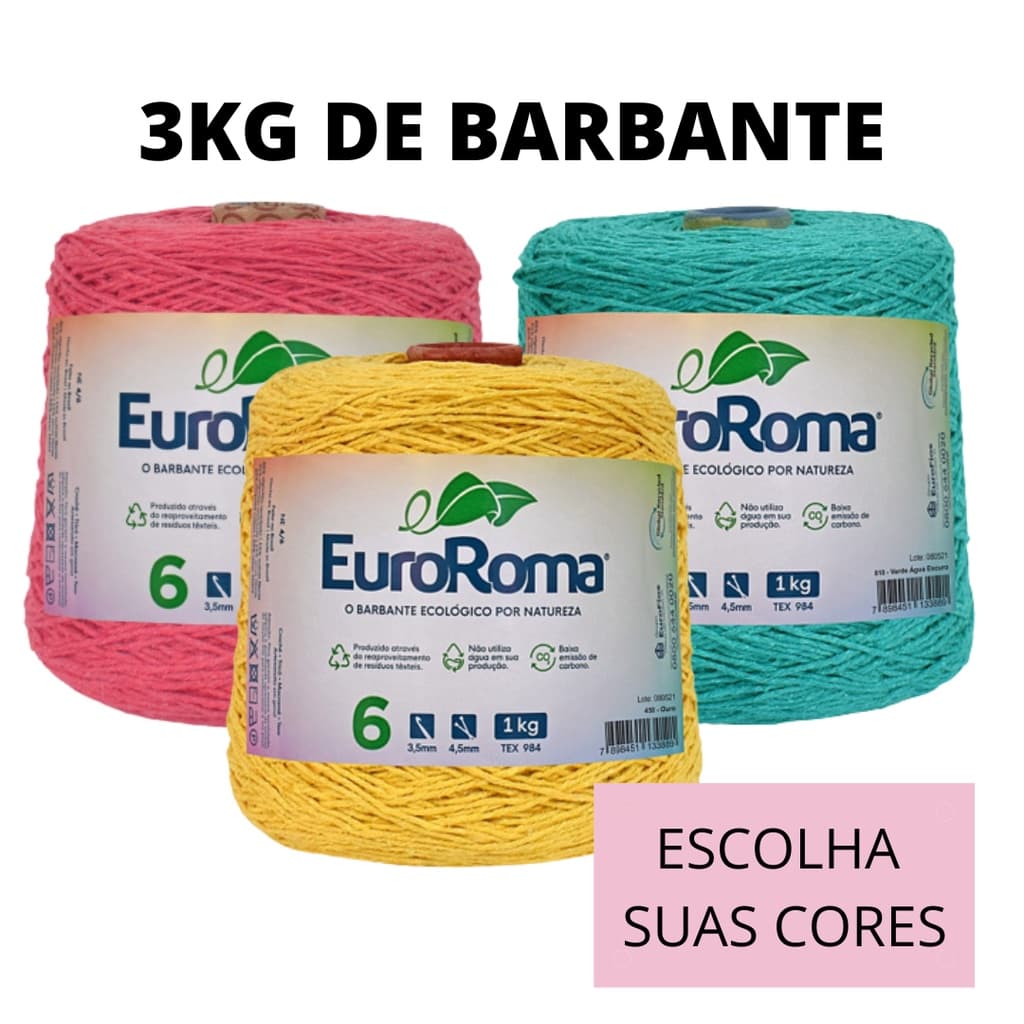 Kit com 3 Barbantes Euroroma N°6 1016 Metros 1kg Cada Escolha suas Cores