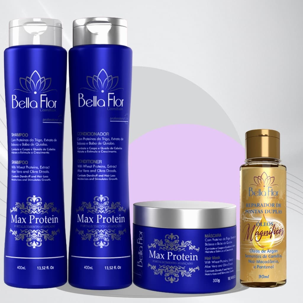 Kit Capilar Max Protein e Reparador de Pontas 4 Produtos (1 Shampoo, 1 Condicionador, 1 Mascara e 1 Reparador de Pontas) Profissional - Bella Flor Cosméticos