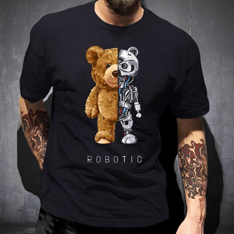 Camiseta Masculina Algodão 30.1 Estampada Ursinho Robotic Camisa Masculina