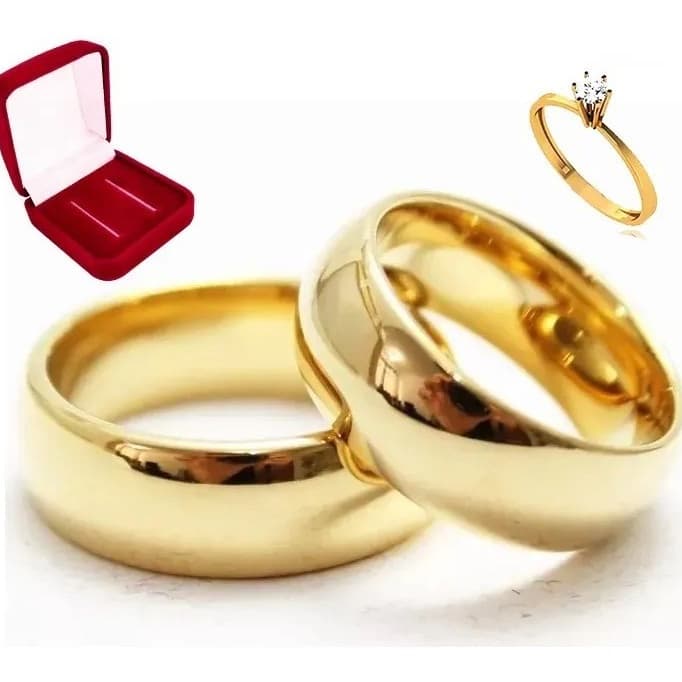 Par de Alianças de Casamento Noivado Arredonda Moedas Antigas Ouro 18k + Anel Solitário