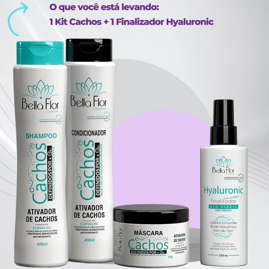 Kit Capilar Cachos Definidos 4 Produtos Shampoo Condicionador Máscara + Finalizador Hyaluronic Bella Flor