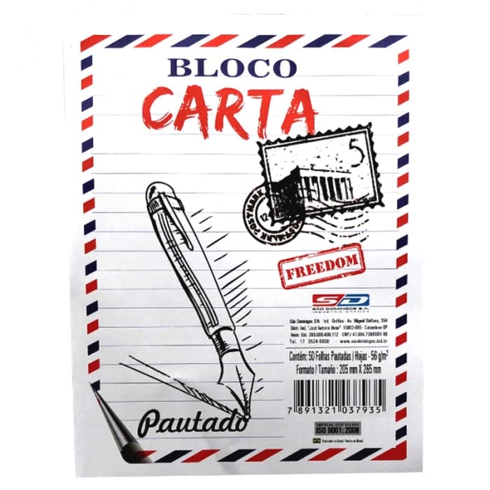 Bloco Carta Pautado 50fls 20,5 x 26,5cm pacote c/10 blocos São Domingos