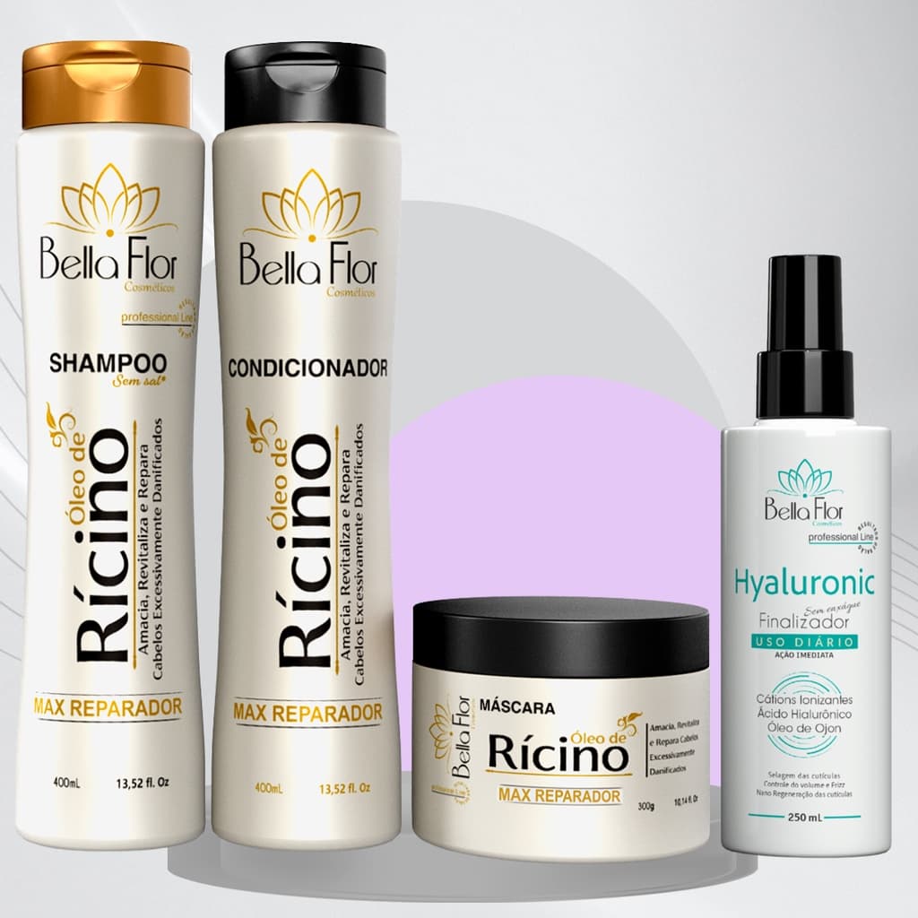 Kit Capilar Óleo de Rícino 4 Produtos Shampoo Condicionador Máscara + Finalizador Hyaluronic Bella Flor