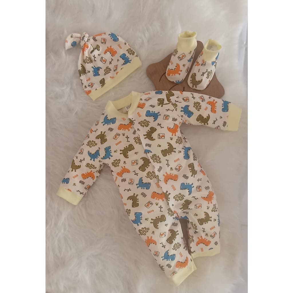Macacão pijama bebê malha algodão estampada com touca nó