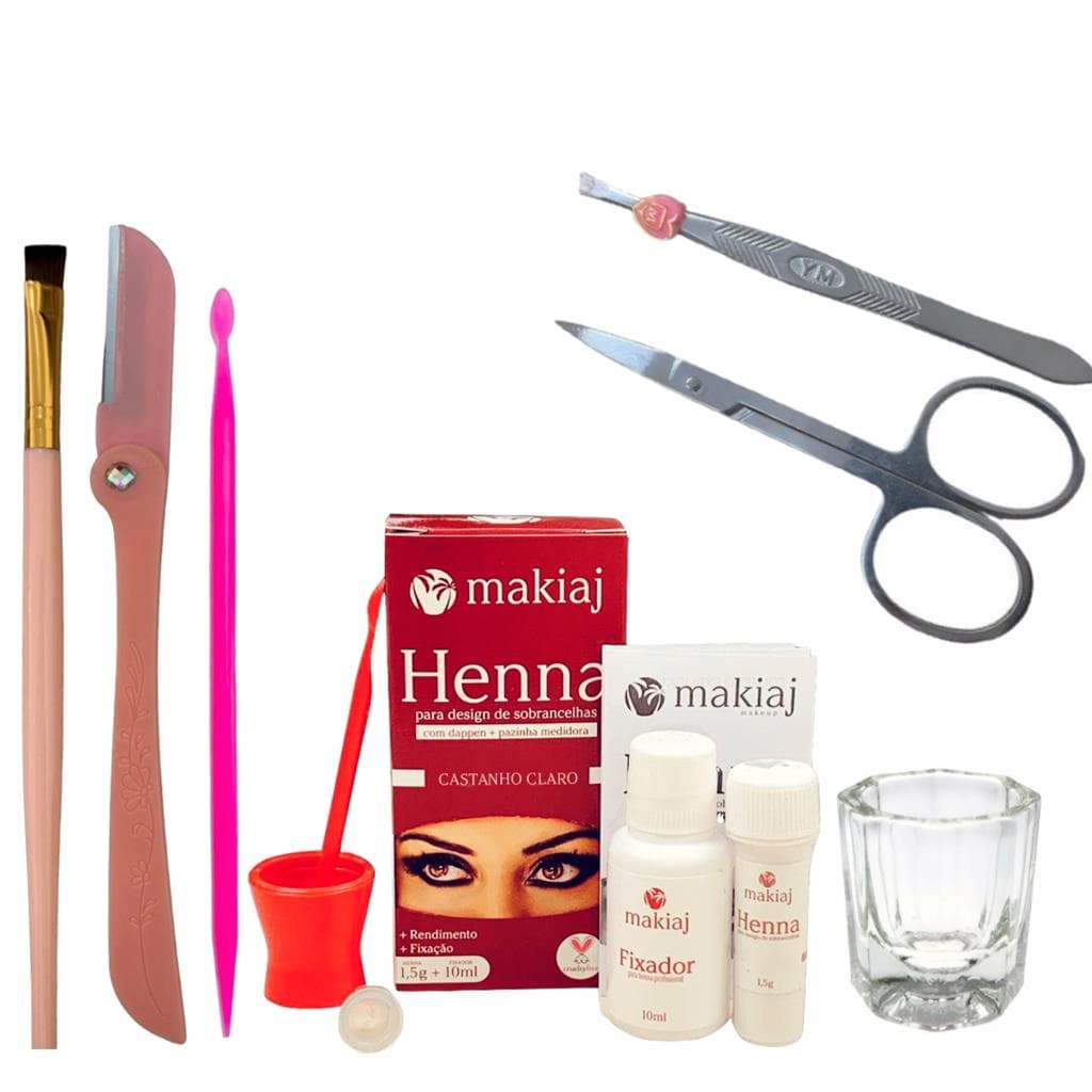 Kit Henna Makiaj Design Sobrancelhas Pincel Navalha Tesoura Pinca Palito Dosador Dappen