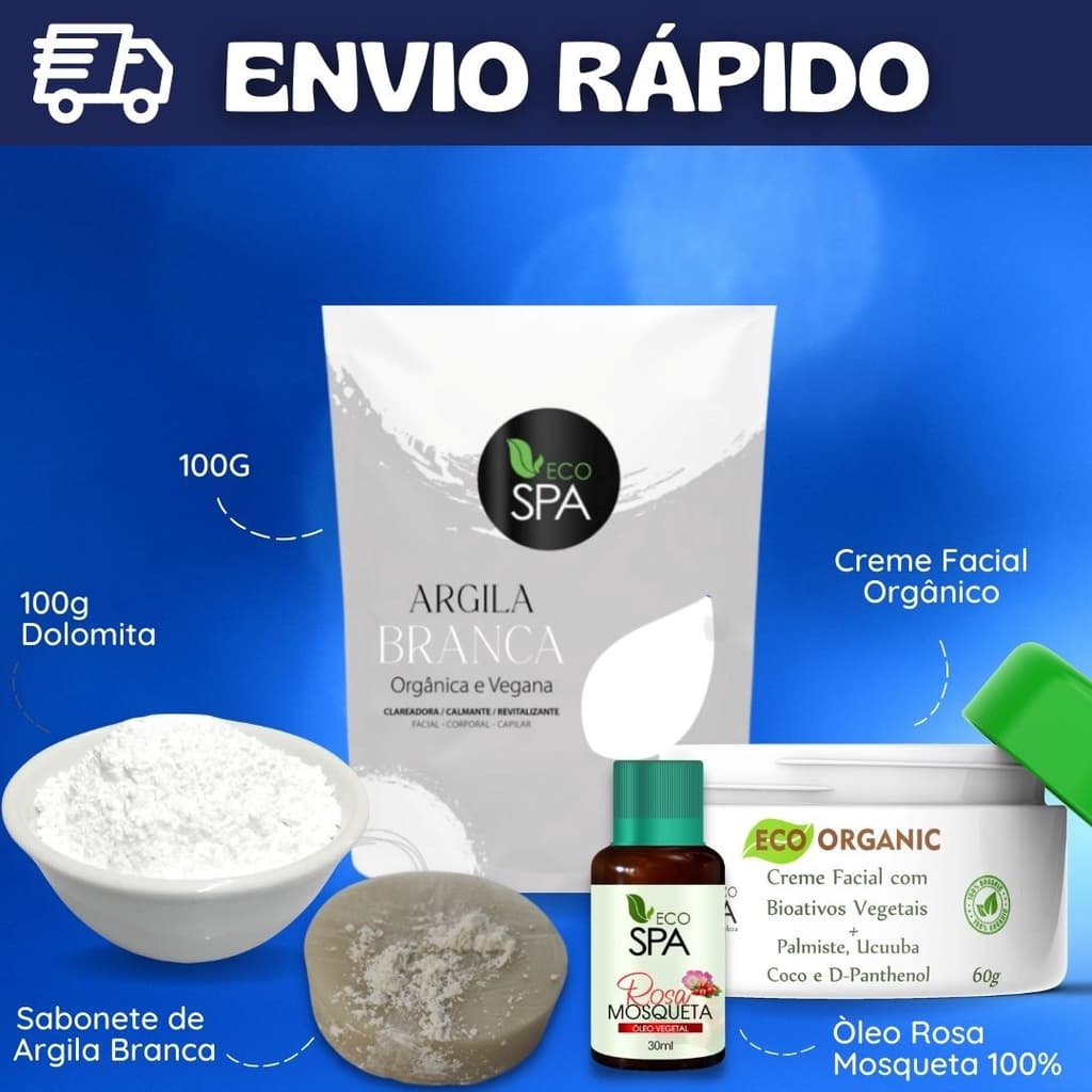 Kit Clareamento - Argila Branca + Rosa Mosqueta + Sabonete de Argila Branca + Creme Facial + Dolomita