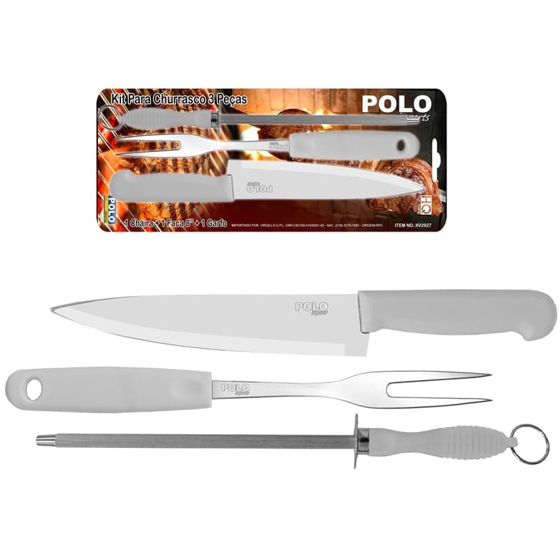 Kit Para Churrasco - 3 Peças Faca Chaira E Garfo - Faca de Carne + Amolador e Garfo