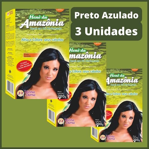 Henê em Pó Amazônia PRETO AZULADO 200gr -Kit C/3un - Henê Amazônia - Hene Divina Dama
