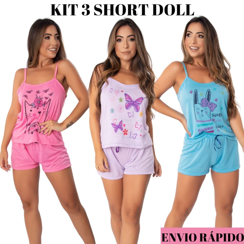Kit 3 short dool  pijama BABY DOLL MALHA promoção