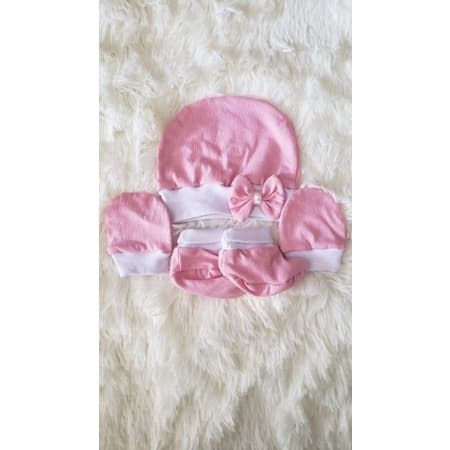 Memelbaby Conjunto Touca, luva e sapatinho Rosa/branco