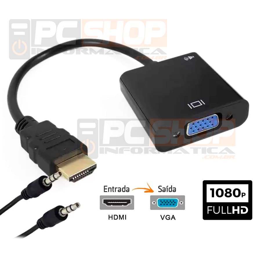 Adaptador Conversor HDMI para VGA 720p/1080p Full HD com Áudio via Cabo P2
