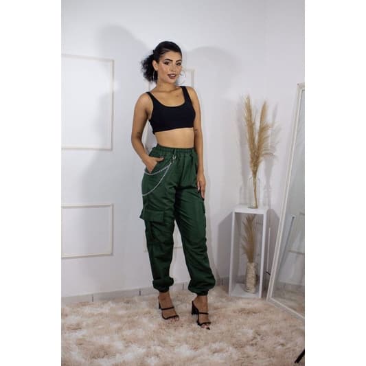 calça jogger tactel cargo de corrente moda gringa