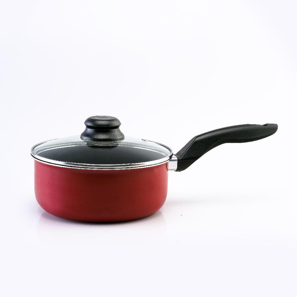 Panela 18cm Vermelha Com Tampa de Vidro Alumi-Aço Linha Premium J4TECH Alumínio Antiaderente Teflon Ultra Resistente