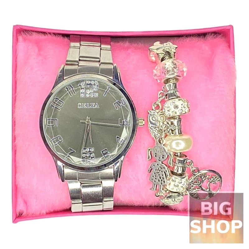 Relógio Feminino SELVA Prata + PULSEIRA Berloque A Prova D'água Metal 19mm