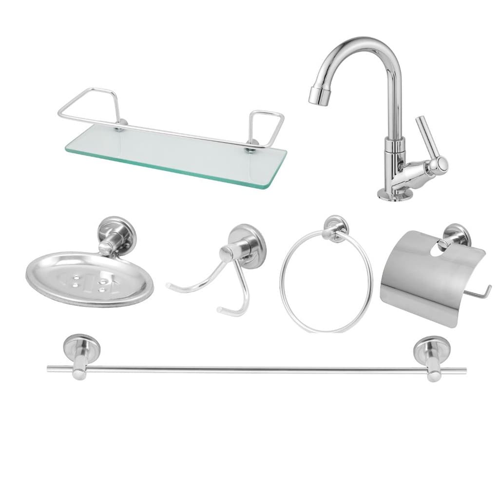 Kit Acessório Para Banheiro Aço Inox 7 Peças Com Porta Shampoo Reto e Torneira abs