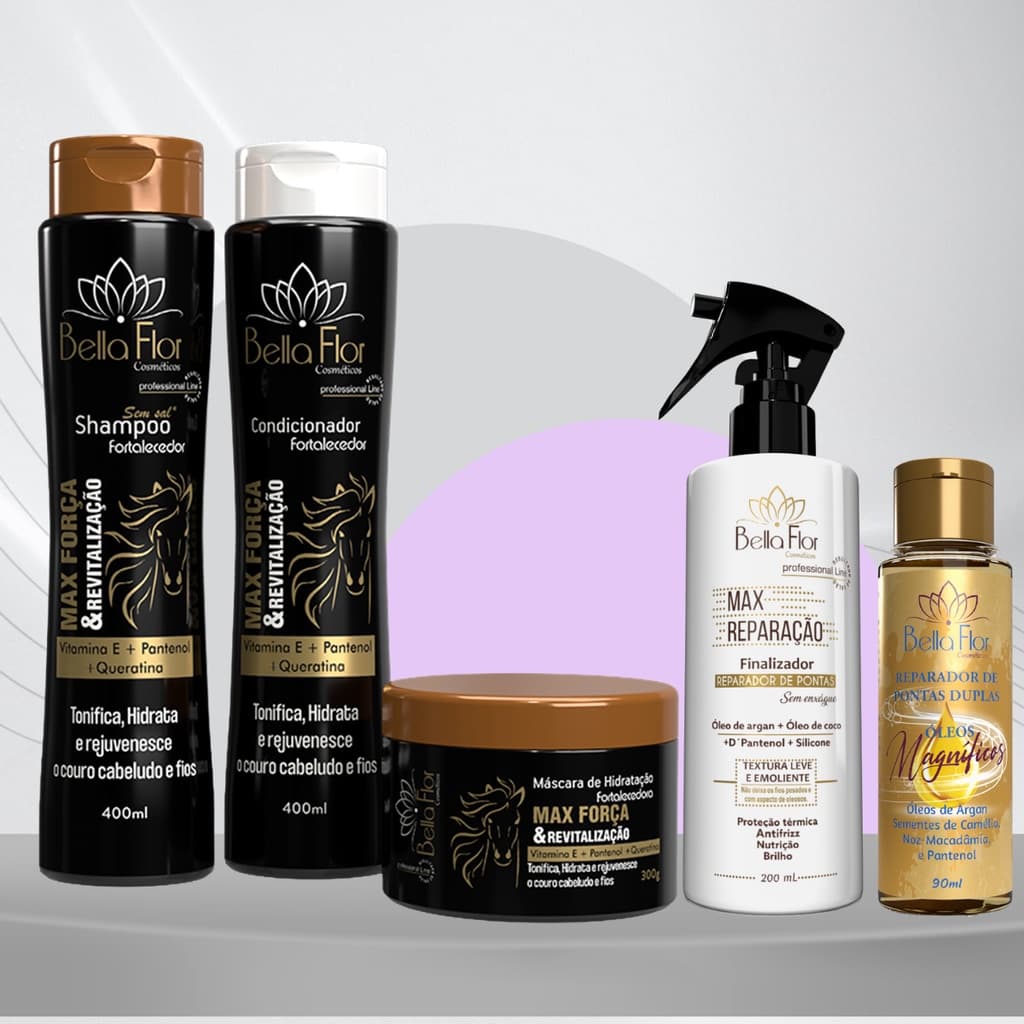 Kit Força 3 + Max Reparação + Reparador de Pontas Duplas Bella Flor Hidratação Reparação Profissional
