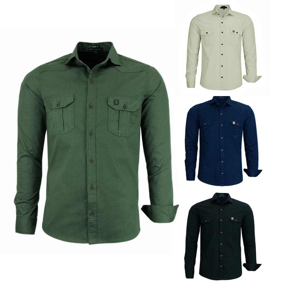 Camisa Jaqueta Masculina Militar Brim Social Manga Longa Sarja