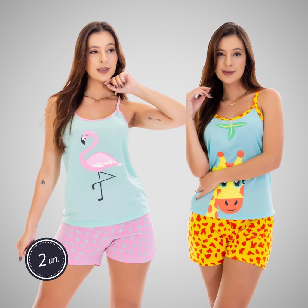Kit 2 Baby Dolls Pijama Adulto Estampado Personagem Short Alcinha Linha Noite Feminina 325
