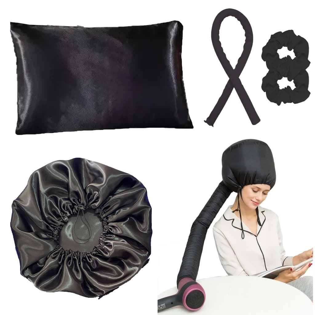 Touca DIFUSORA Cetim + touca cetim dupla + fronha cetim + modelador curling rod kit anti frizz
