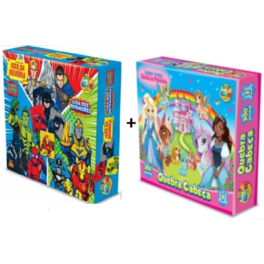 2 Jogo Quebra Cabeça Sonho de Princesa 200 peças + Jogo da Memória Liga dos Defensores 48 peças Brinquedo para o dia das Crianças Presente cognitivo para alfabetização Estimula o interesse pela matematica Auxilia o aprendizado de forma lúdica