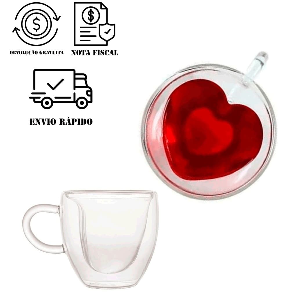 Xícara para Café Parede Dupla de Vidro Coração 80 e 150 ML Xícara de Coração Parede Dupla