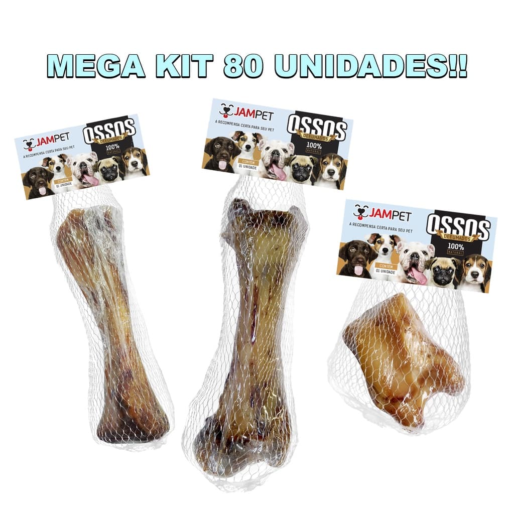 Mega Combo 80 Unidades Petisco Osso de Suíno Tibia Desidratado, Osso Carrinho Bovino e Femur Suíno