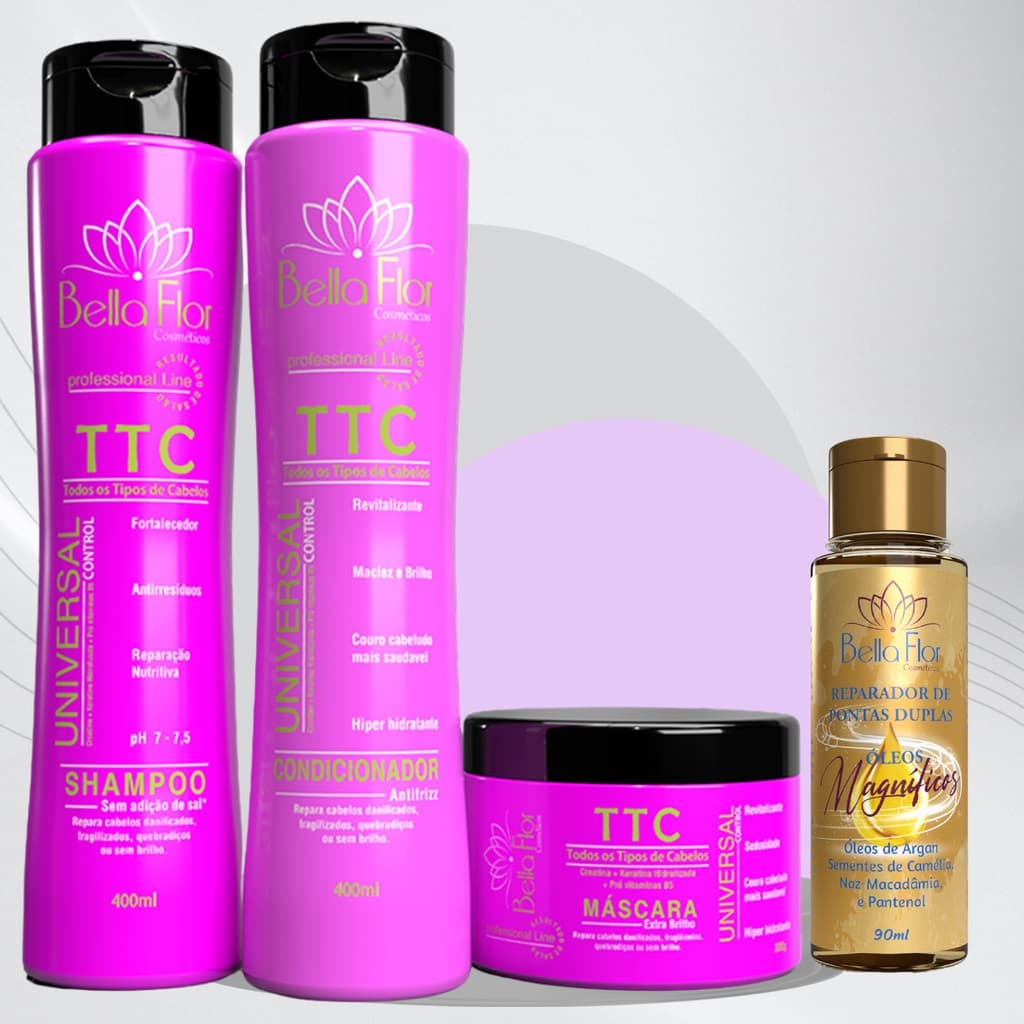 Kit Capilar T.T.C 4 Produtos Shampoo Condicionador Máscara Reparador de Pontas Bella Flor Anti-Frizz Brilho Profissional