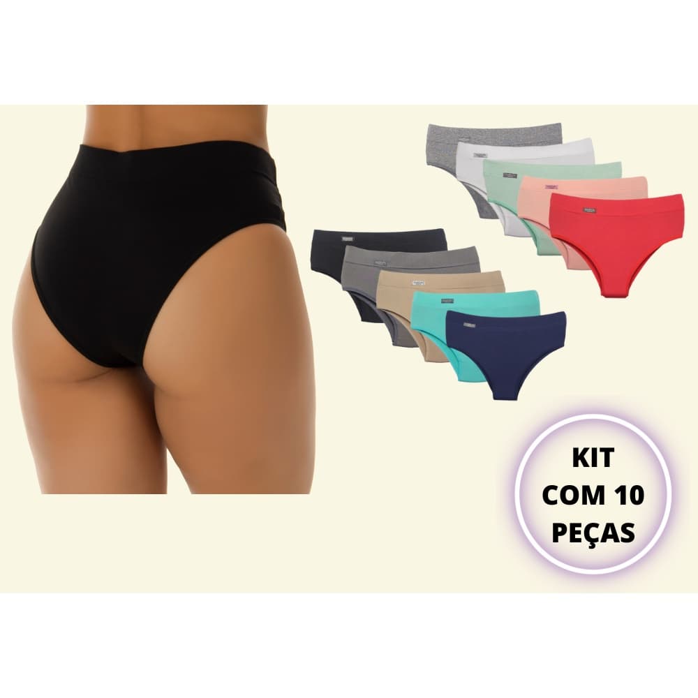 Kit 10 Calcinhas Cós Alto Microfibra Cintura Alta Adulto Modeladora Luxo