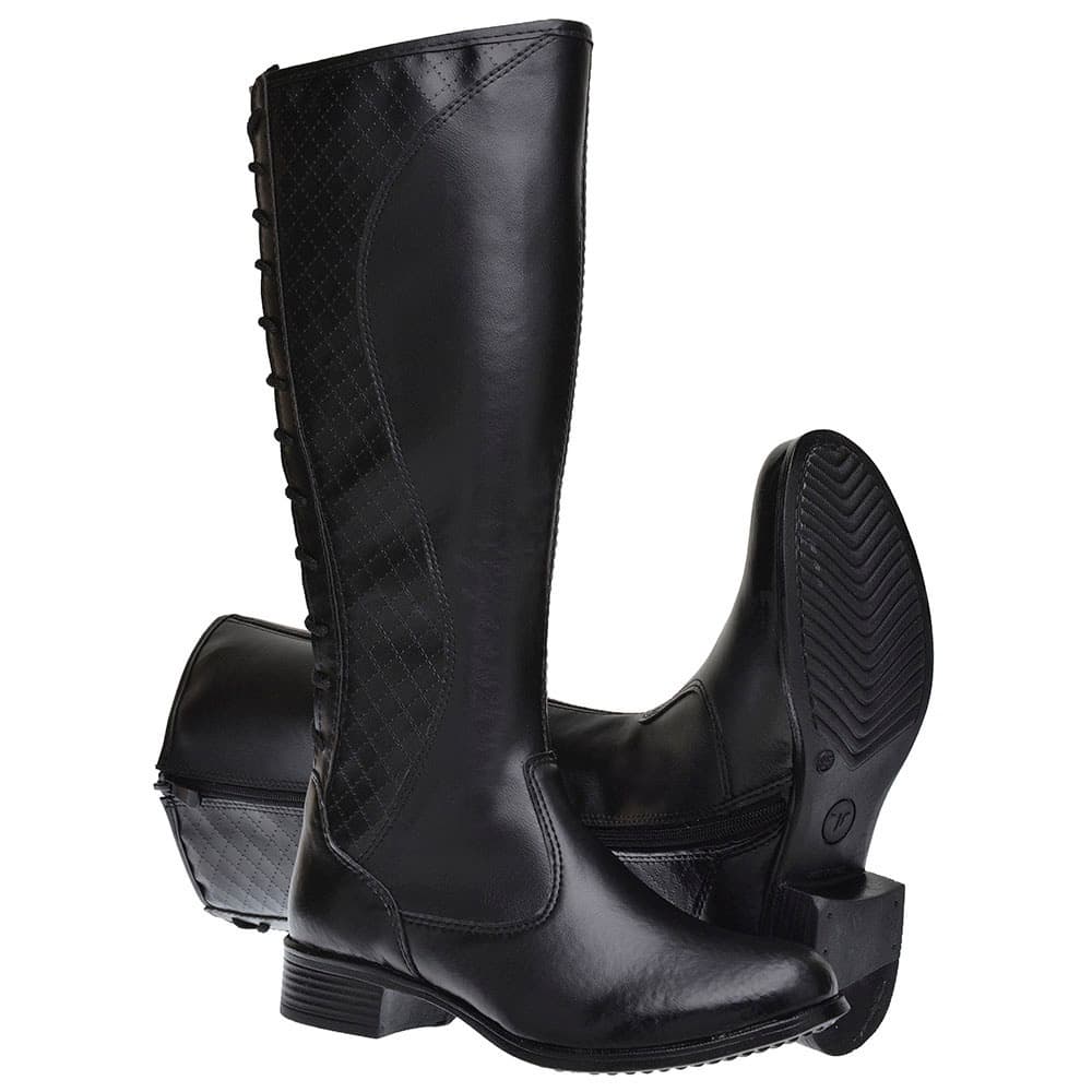 Bota Feminina  Cano Alto Longo Ziper Lateral  Salto Baixo Com Fivela Com Metais Amarração