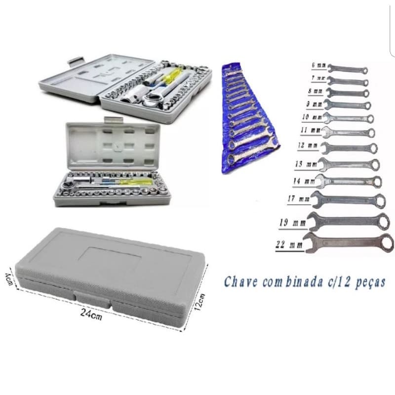 Jogo de chave soquete com catraca reversível 40 peças + jogo chave combinada 12 peças 6a22mm
